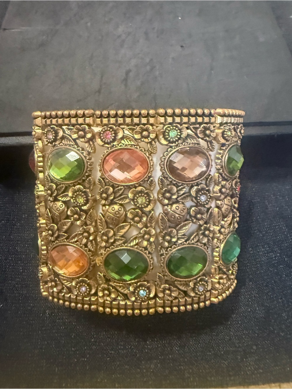 Vintage-Inspired Gold Cuff Bracelet with multi colored Gemstones